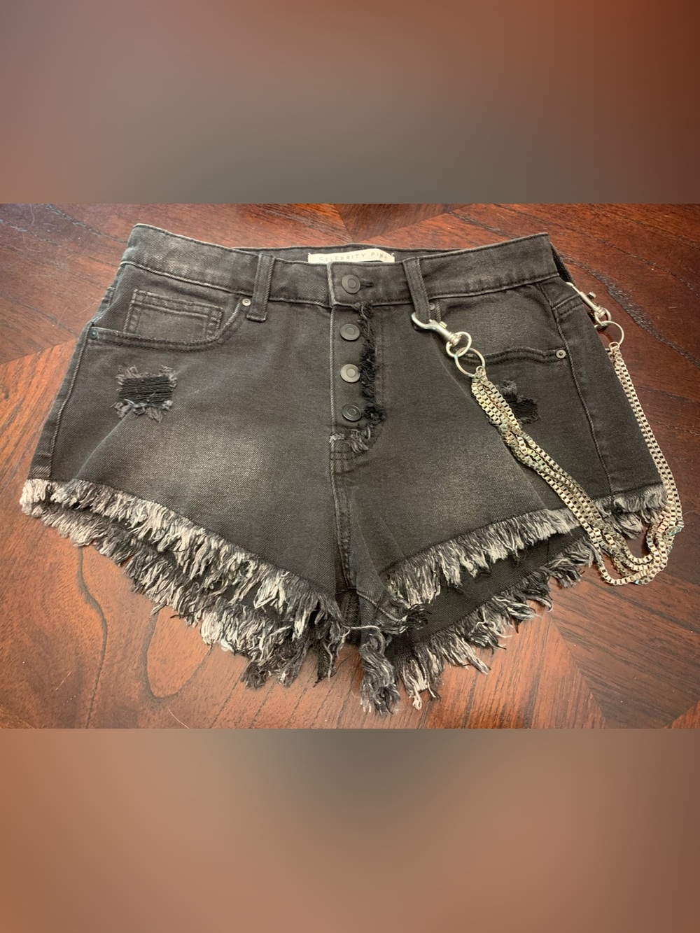 Black Frayed High-Rise Denim Shorts with Chain